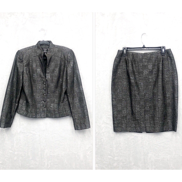 Carmen Marc Valvo Skirt Suit Womens 12 Dark Charcoal Gray Sequin Gorgeous